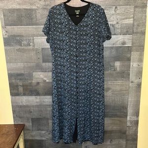 Beautiful L.L. Bean Black with Blue Floral Button Down Dress